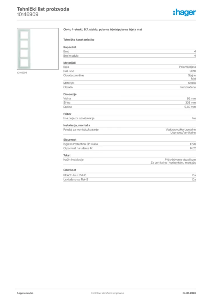 Slika Hager Tehnički list proizvoda 10146909  | Hager