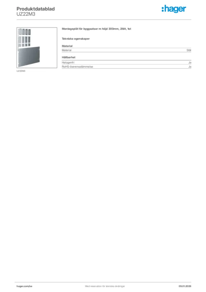 Bild Hager Produktdatablad UZ22M3 | Hager Sverige