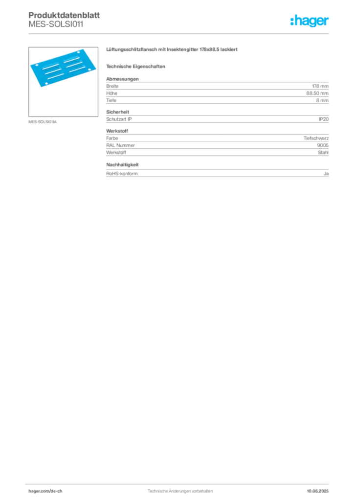 Bild Hager Produktdatenblatt MES-SOLSI011 | Hager Schweiz