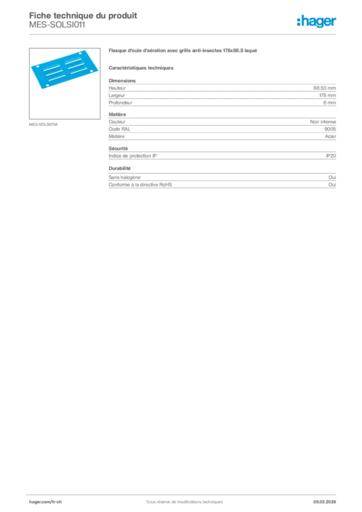 Image Hager Fiche technique du produit MES-SOLSI011 | Hager Suisse