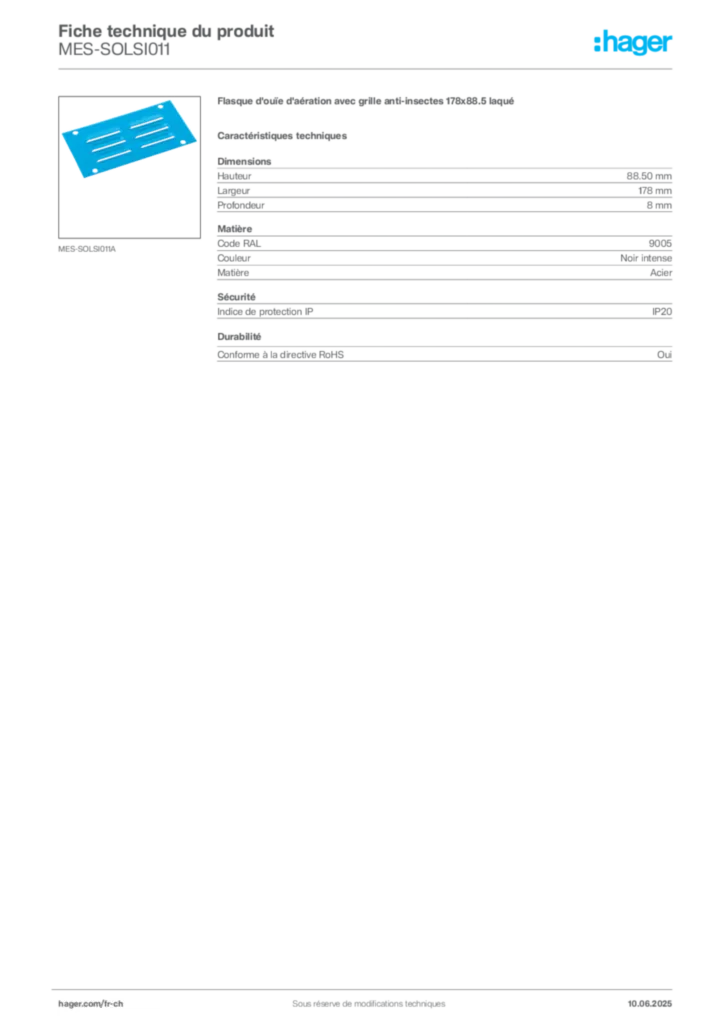 Image Hager Fiche technique du produit MES-SOLSI011 | Hager Suisse