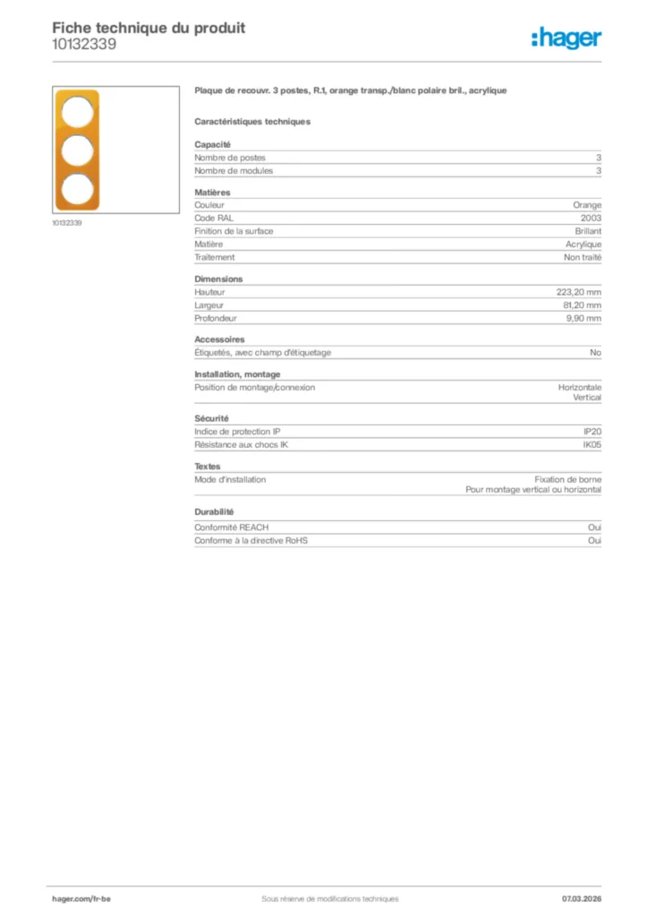 Image Hager Fiche technique du produit 10132339 | Hager Belgique