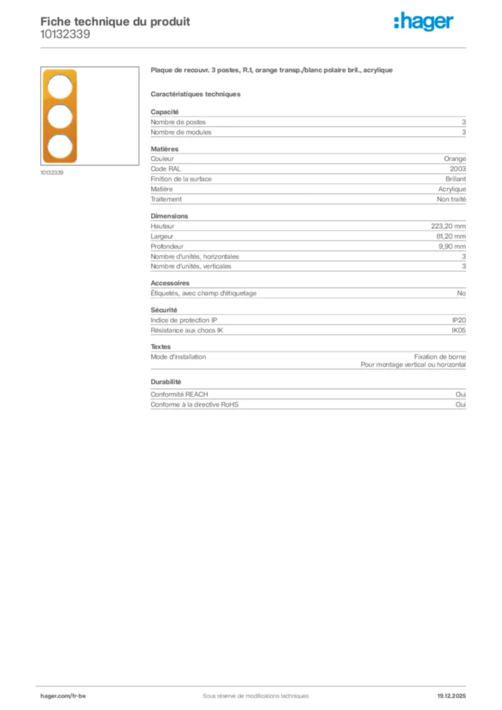 Image Hager Fiche technique du produit 10132339 | Hager Belgique