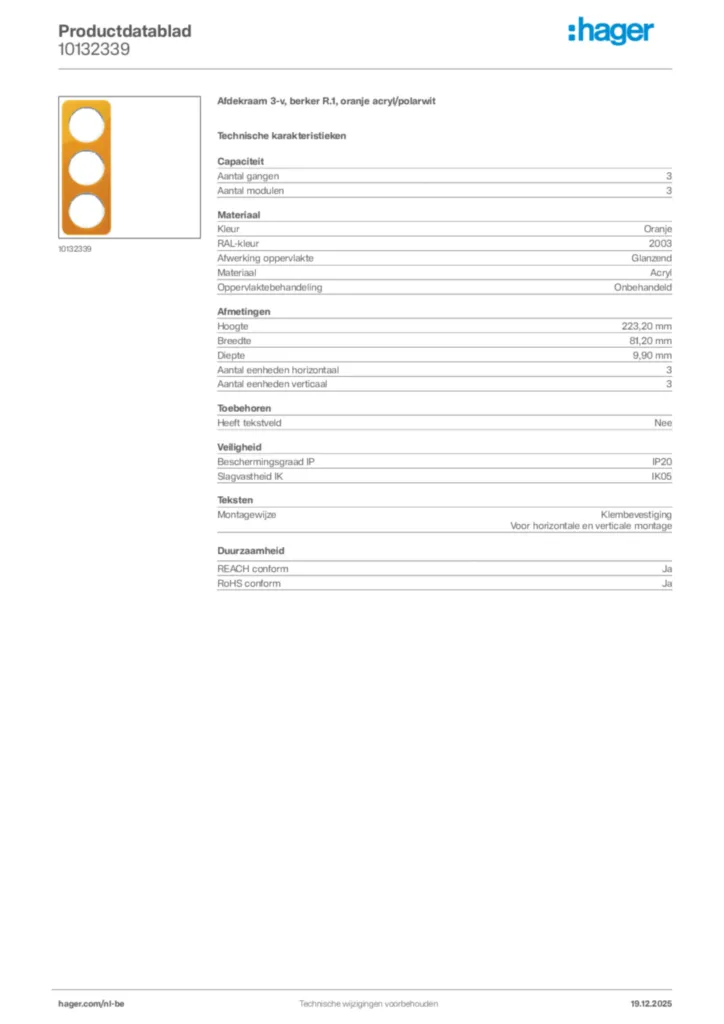 Afbeelding Hager Productdatablad 10132339 | Hager Belgium