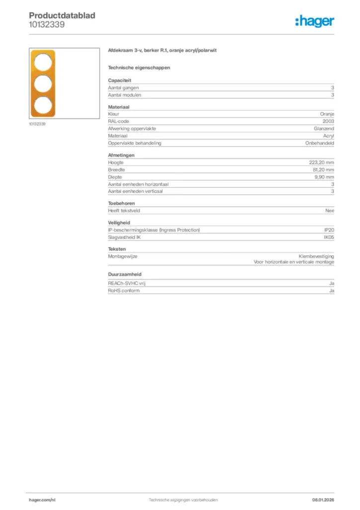 Afbeelding Hager Productdatablad 10132339 | Hager Nederland