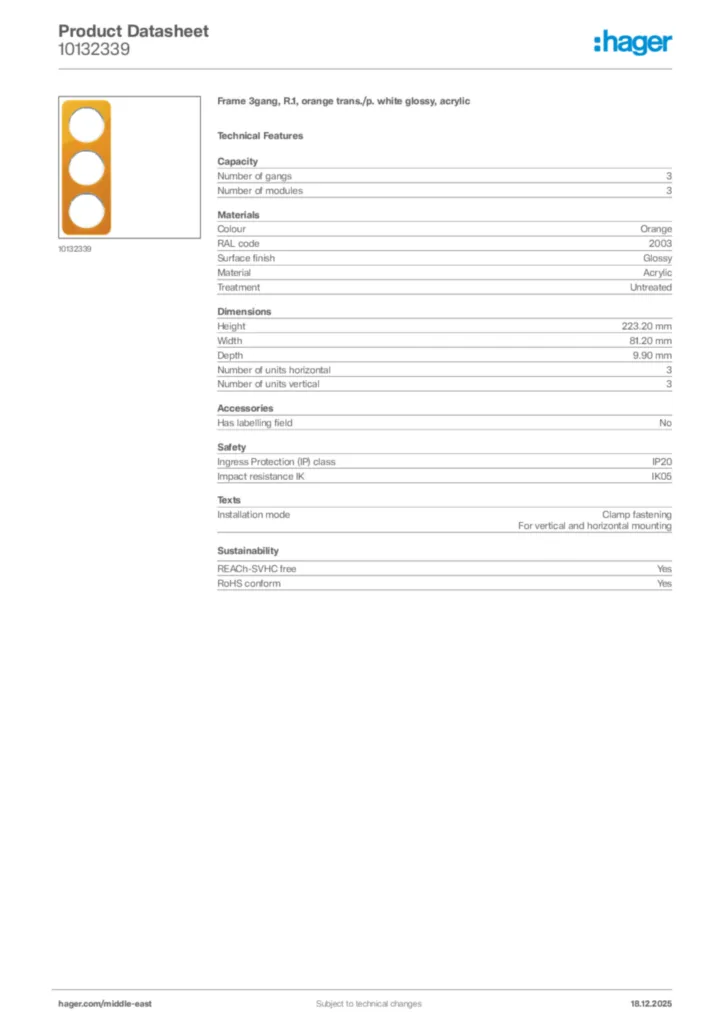 Image Hager Product data sheet 10132339  | Hager