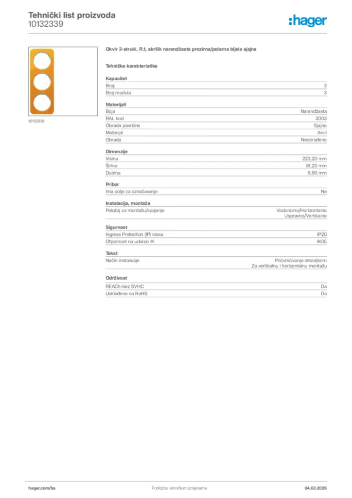 Slika Hager Tehnički list proizvoda 10132339  | Hager