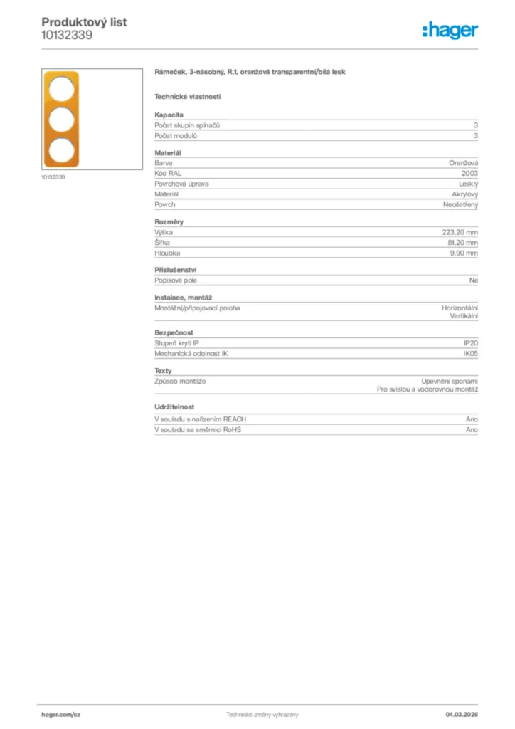 Obrázek Hager Product data sheet 10132339 | Hager