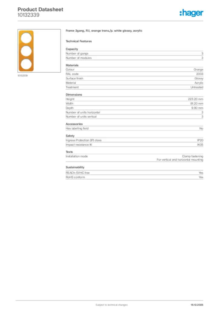 Image Hager Product data sheet 10132339  | Hager