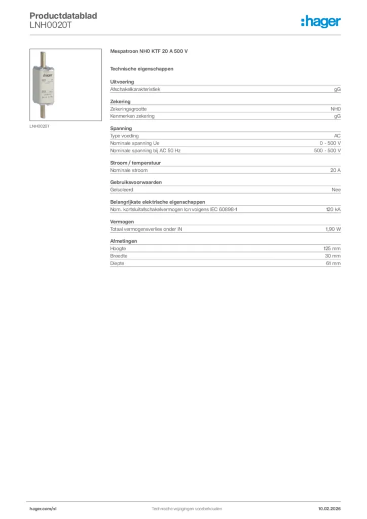 Afbeelding Hager Productdatablad LNH0020T | Hager Nederland