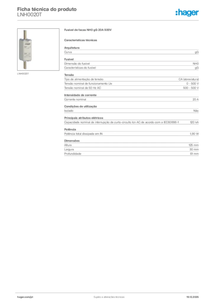 Imagem Hager Ficha técnica do produto LNH0020T | Hager Portugal