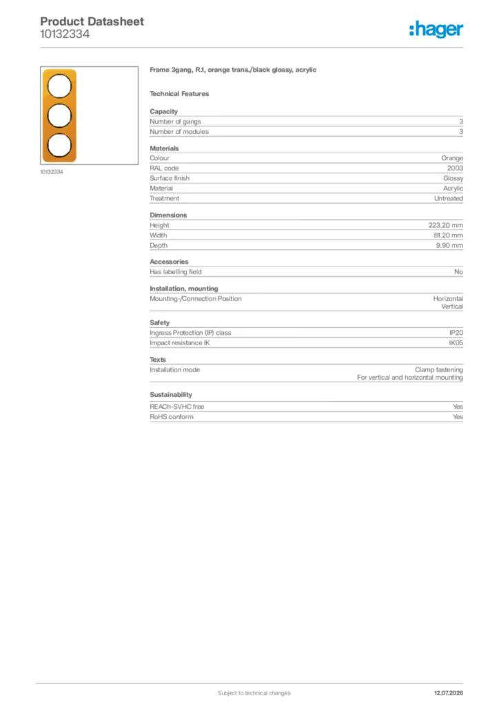 Image Hager Product data sheet 10132334  | Hager Africa