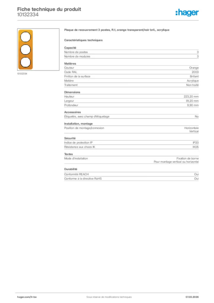 Image Hager Fiche technique du produit 10132334 | Hager Belgique