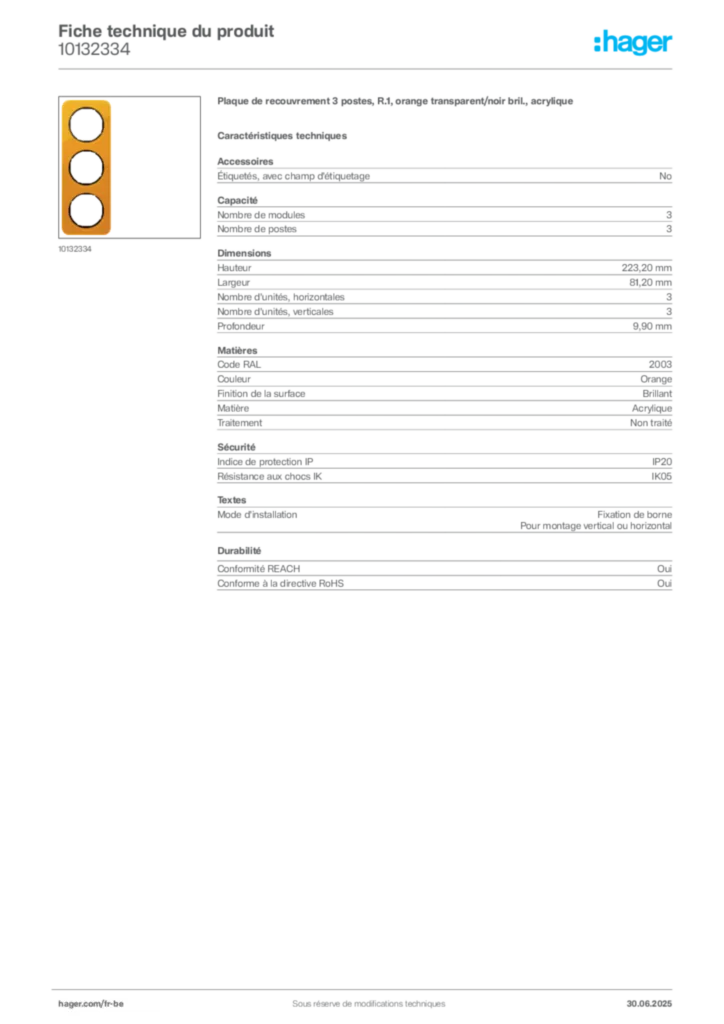 Image Hager Fiche technique du produit 10132334 | Hager Belgique