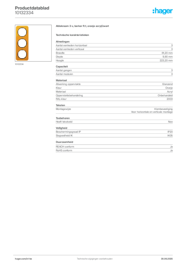 Afbeelding Hager Productdatablad 10132334 | Hager Belgium