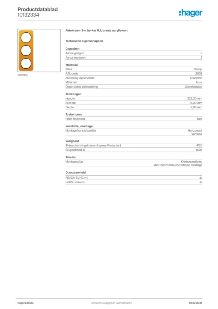Afbeelding Hager Productdatablad 10132334 | Hager Nederland