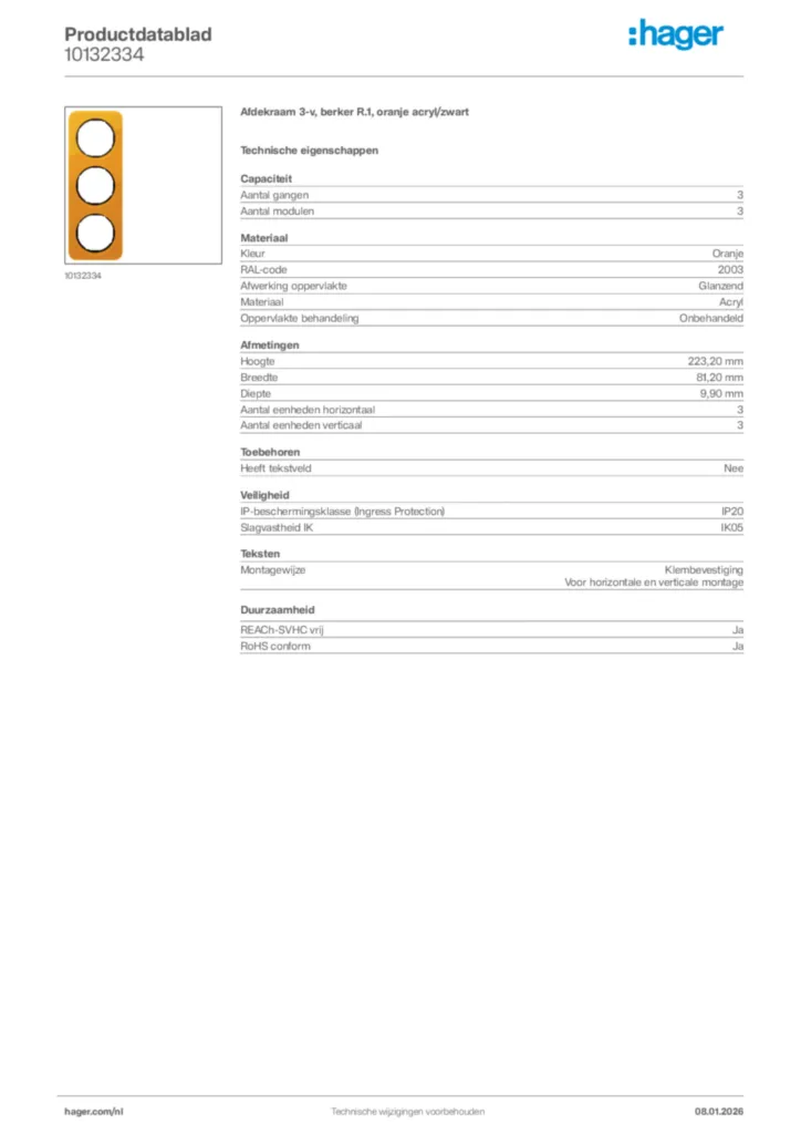 Afbeelding Hager Productdatablad 10132334 | Hager Nederland