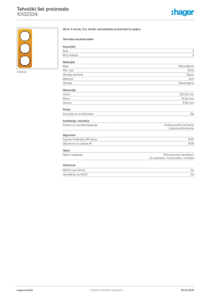 Slika Hager Tehnički list proizvoda 10132334  | Hager