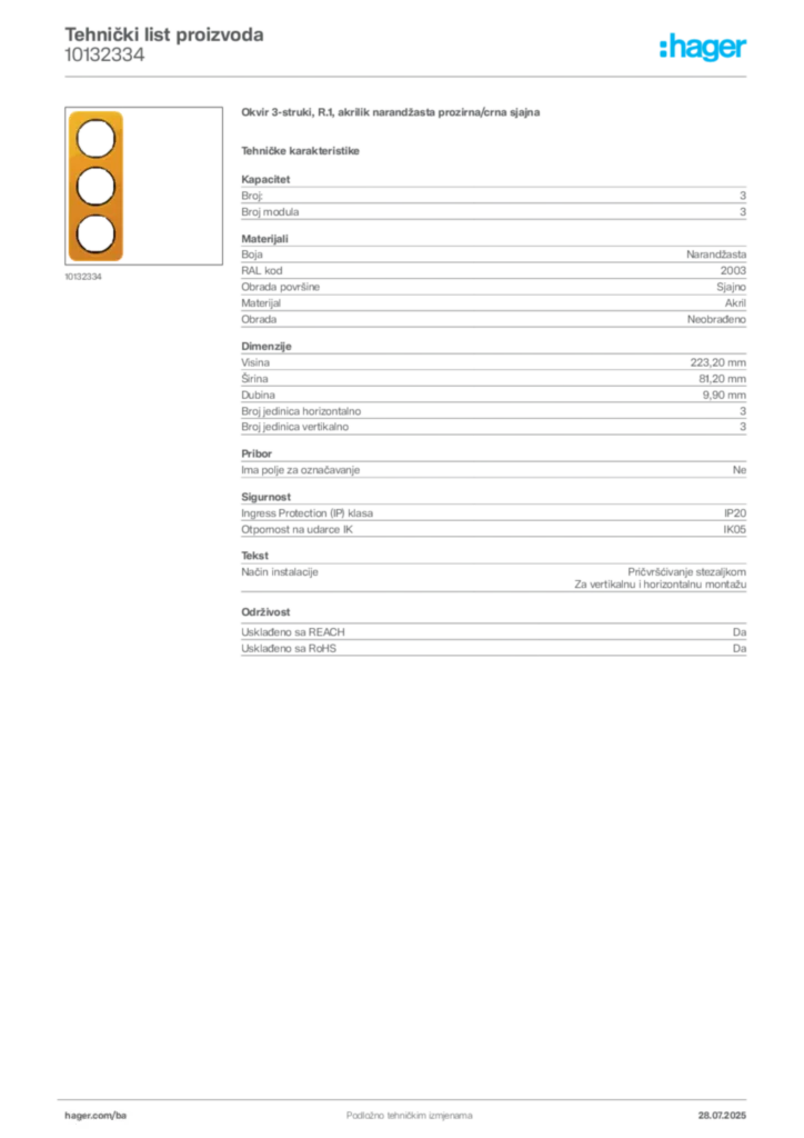 Slika Hager Product data sheet 10132334  | Hager