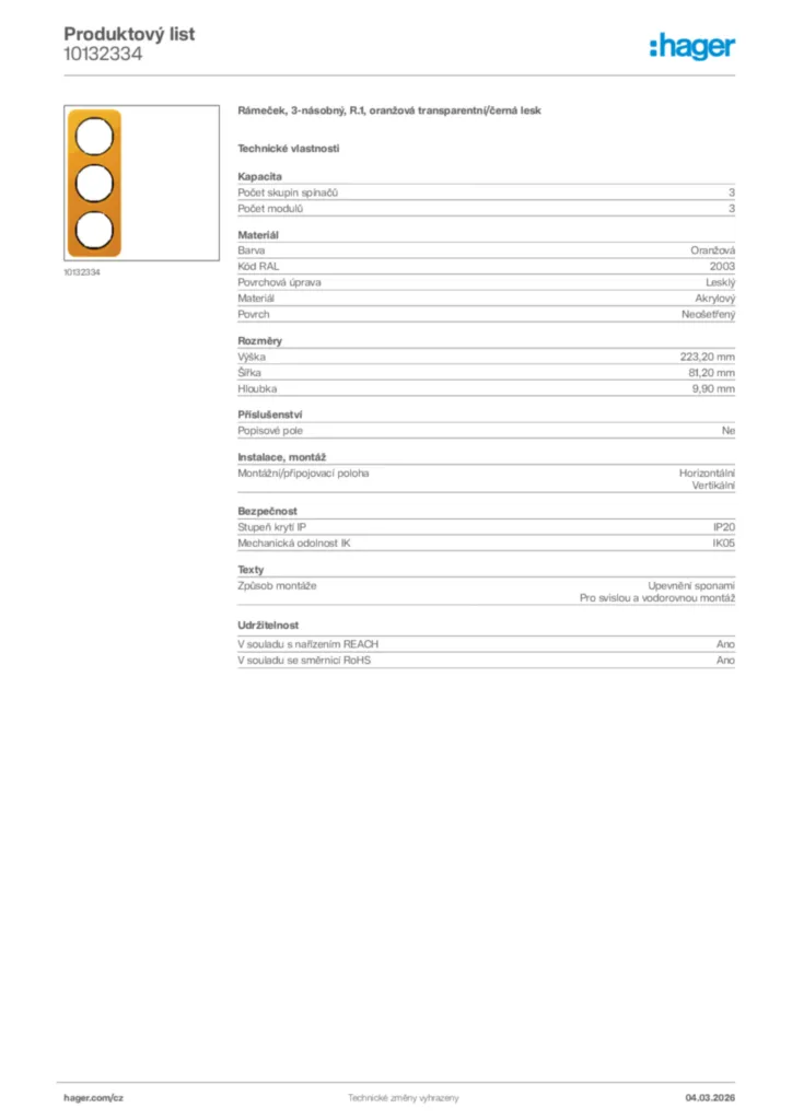 Obrázek Hager Product data sheet 10132334 | Hager