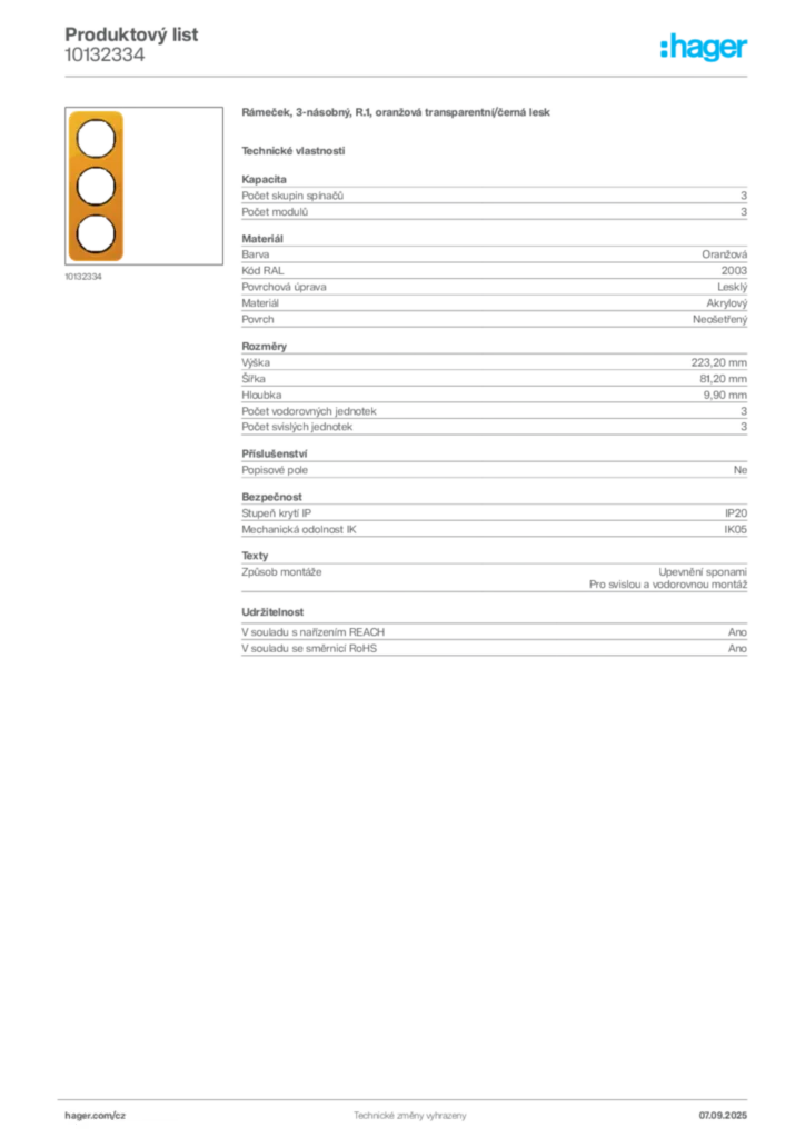 Obrázek Hager Produktový list 10132334 | Hager