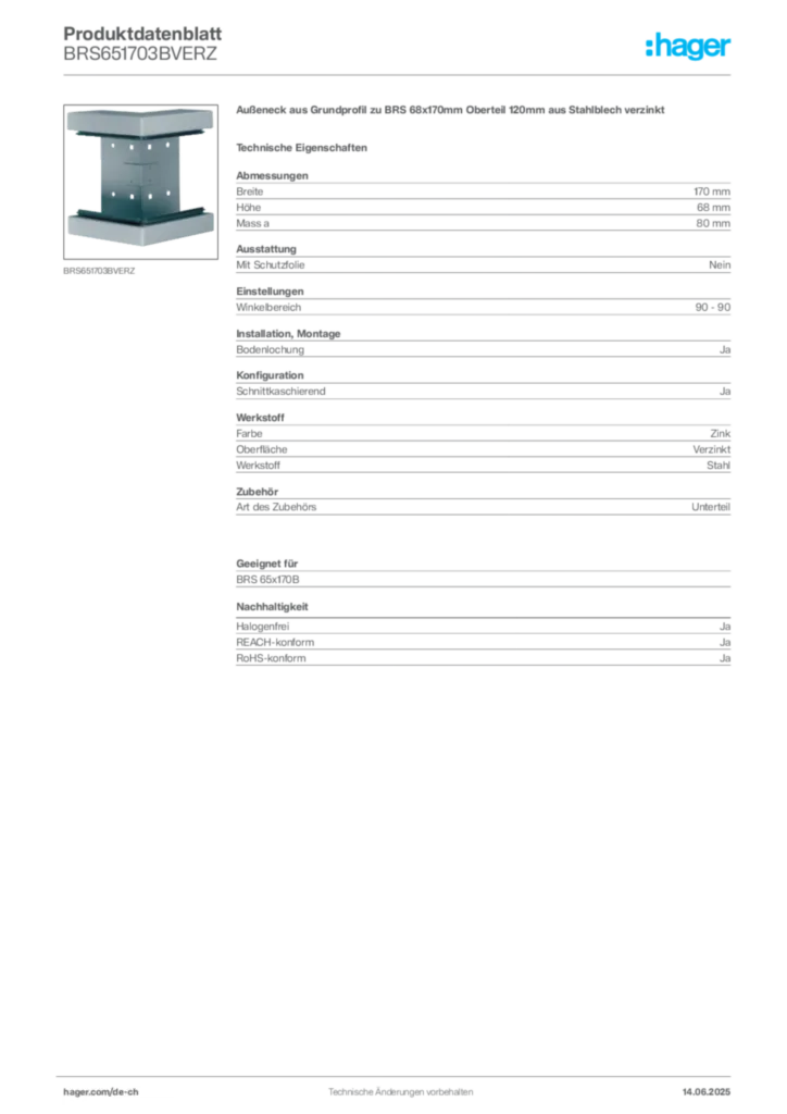 Bild Hager Produktdatenblatt BRS651703BVERZ | Hager Schweiz