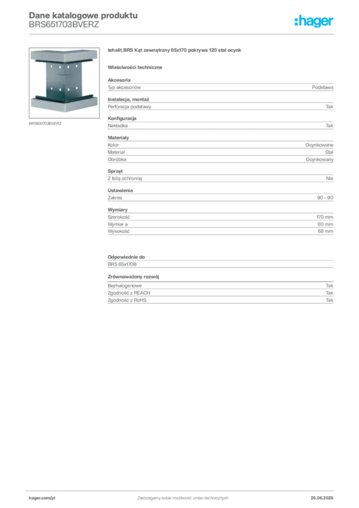 Zdjęcie Hager Karta katalogowa BRS651703BVERZ | Hager Polska