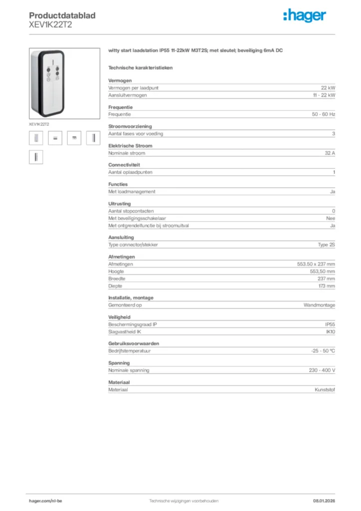 Afbeelding Hager Productdatablad XEV1K22T2 | Hager Belgium