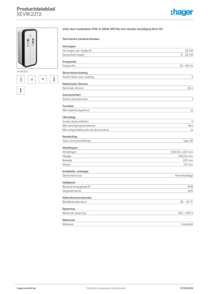 Afbeelding Hager Productdatablad XEV1K22T2 | Hager Belgium