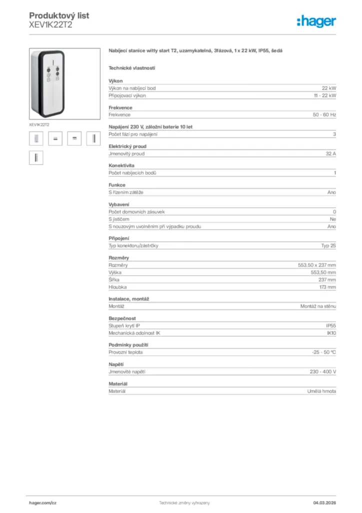 Obrázek Hager Product data sheet XEV1K22T2 | Hager