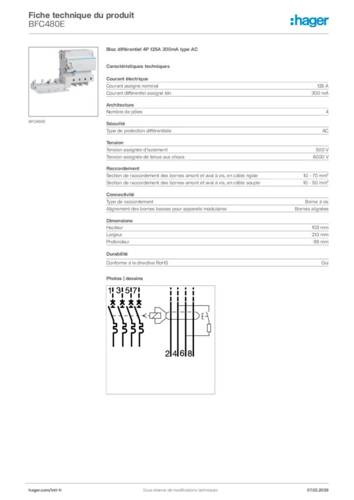 Image Hager Fiche technique du produit BFC480E | Hager Afrique