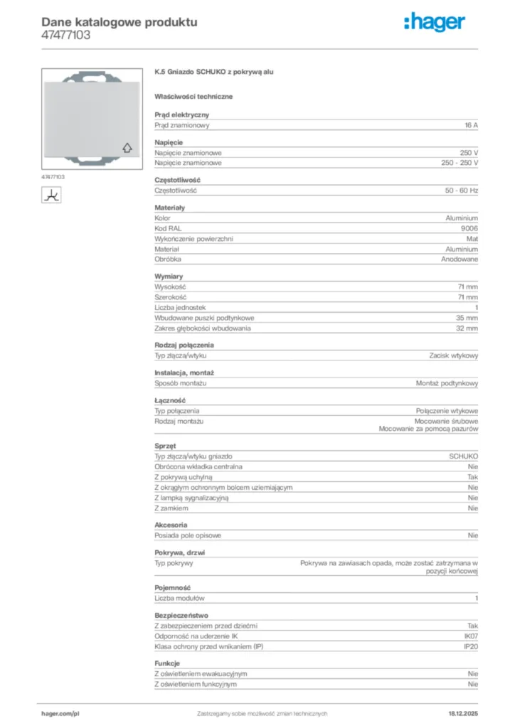 Zdjęcie Hager Karta katalogowa 47477103 | Hager Polska