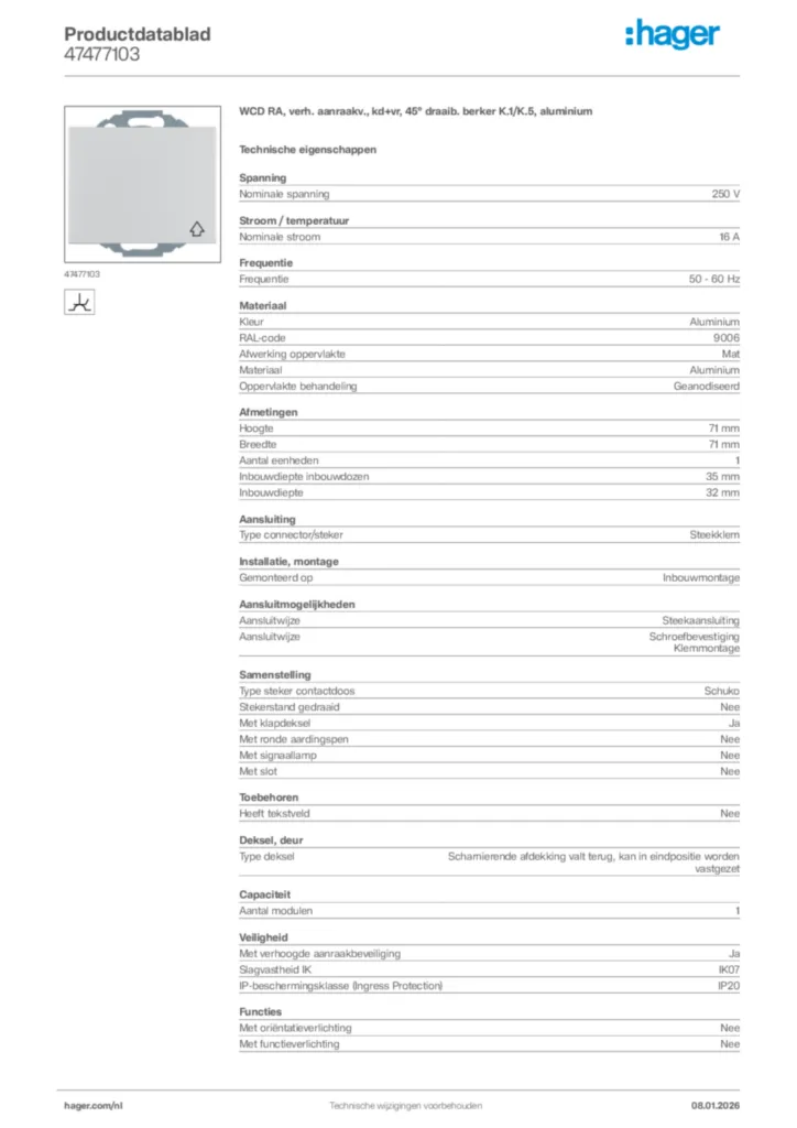 Afbeelding Hager Productdatablad 47477103 | Hager Nederland