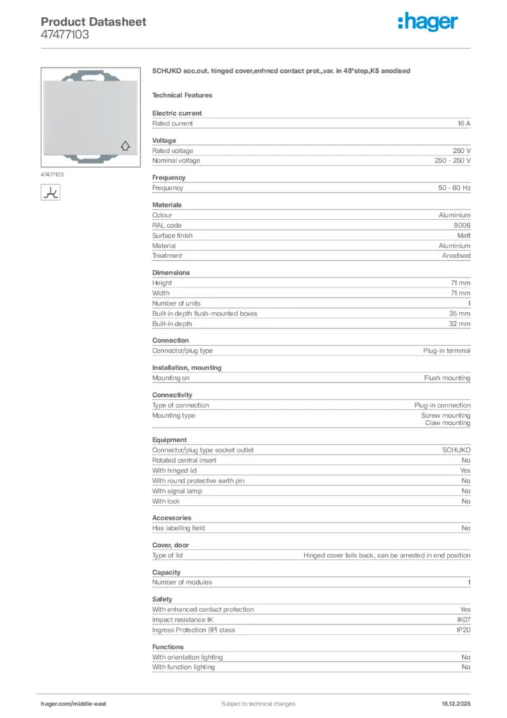 Image Hager Product data sheet 47477103  | Hager
