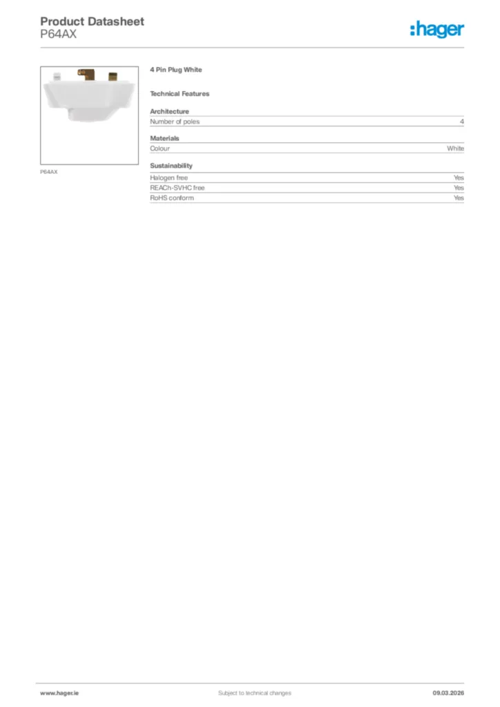 Image Hager Product data sheet P64AX  | Hager