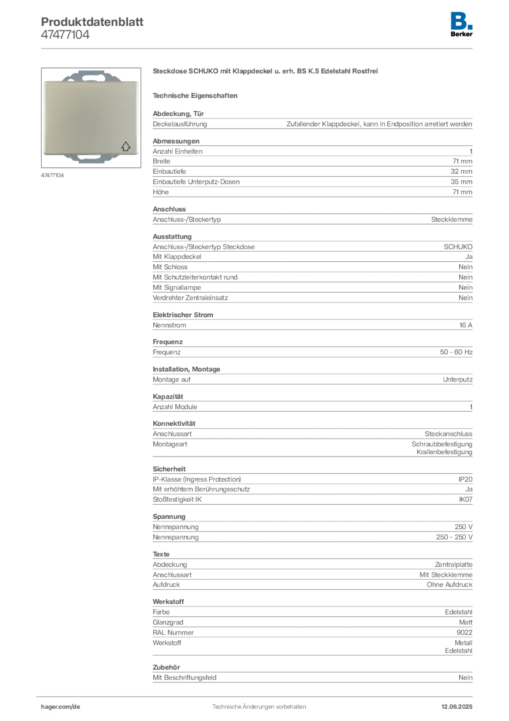 Berker Produktdatenblatt 47477104