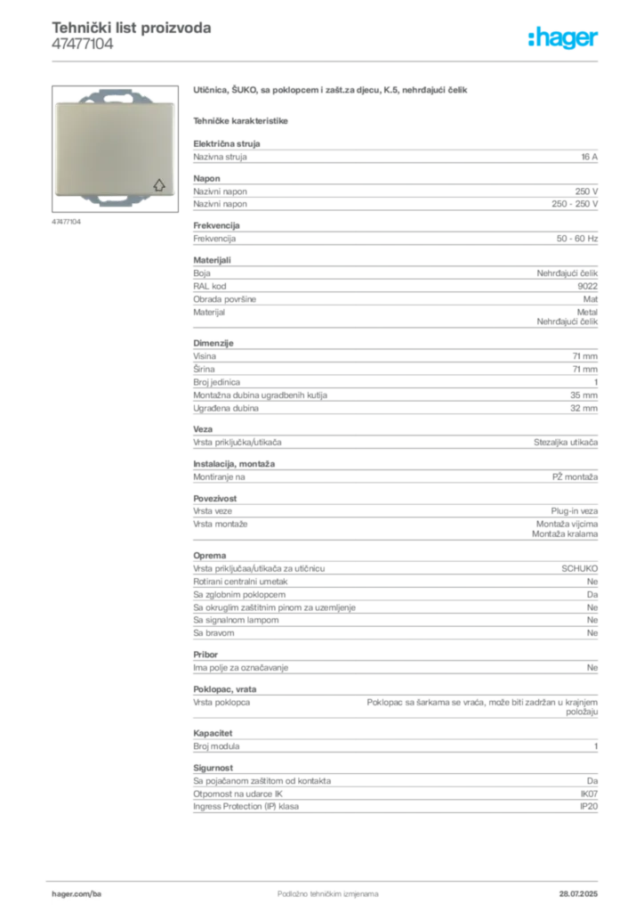 Slika Hager Product data sheet 47477104  | Hager