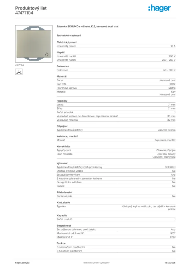 Obrázek Hager Produktový list 47477104 | Hager