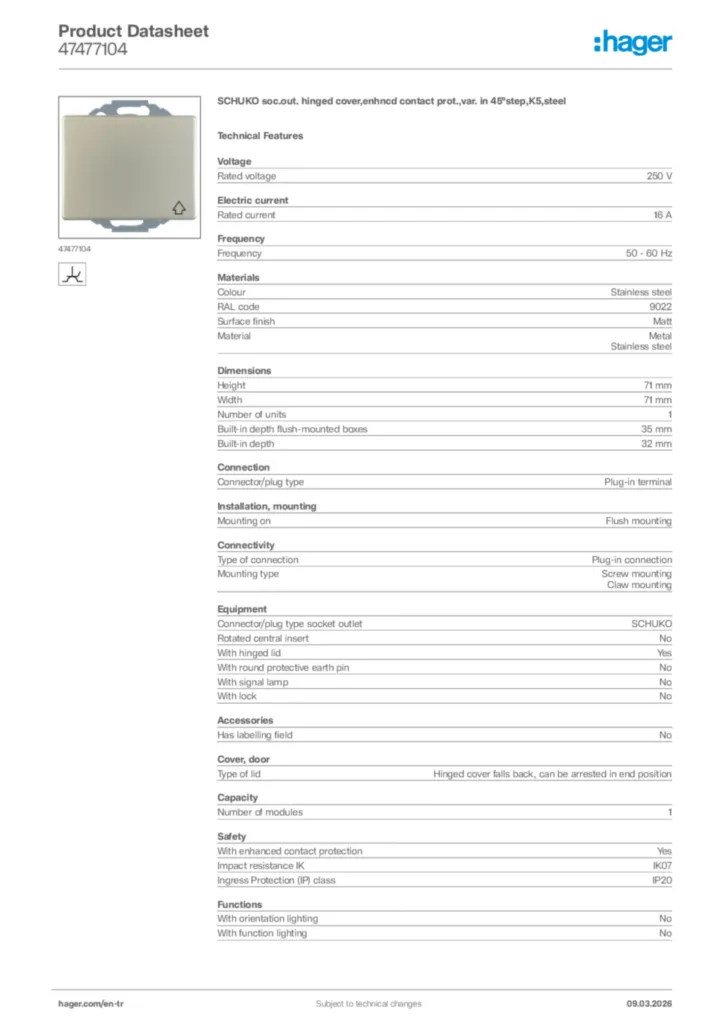 Image Hager Product data sheet 47477104  | Hager