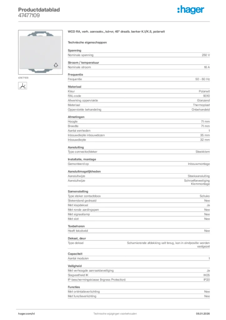 Afbeelding Hager Productdatablad 47477109 | Hager Nederland