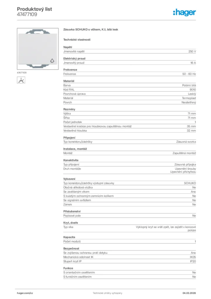 Obrázek Hager Product data sheet 47477109 | Hager
