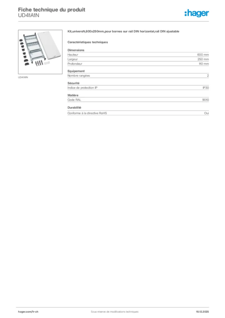 Image Hager Fiche technique du produit UD41A1N | Hager Suisse
