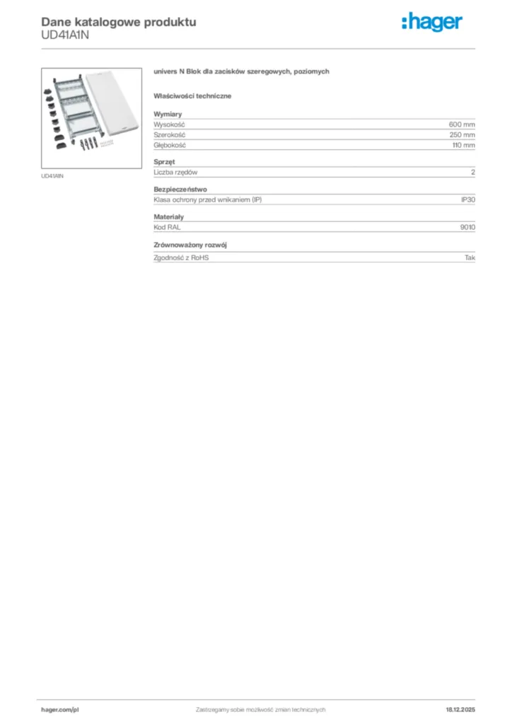 Zdjęcie Hager Karta katalogowa UD41A1N | Hager Polska
