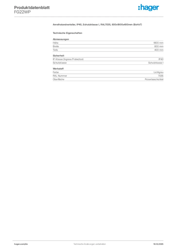 Bild Hager Produktdatenblatt FG22WP | Hager Deutschland
