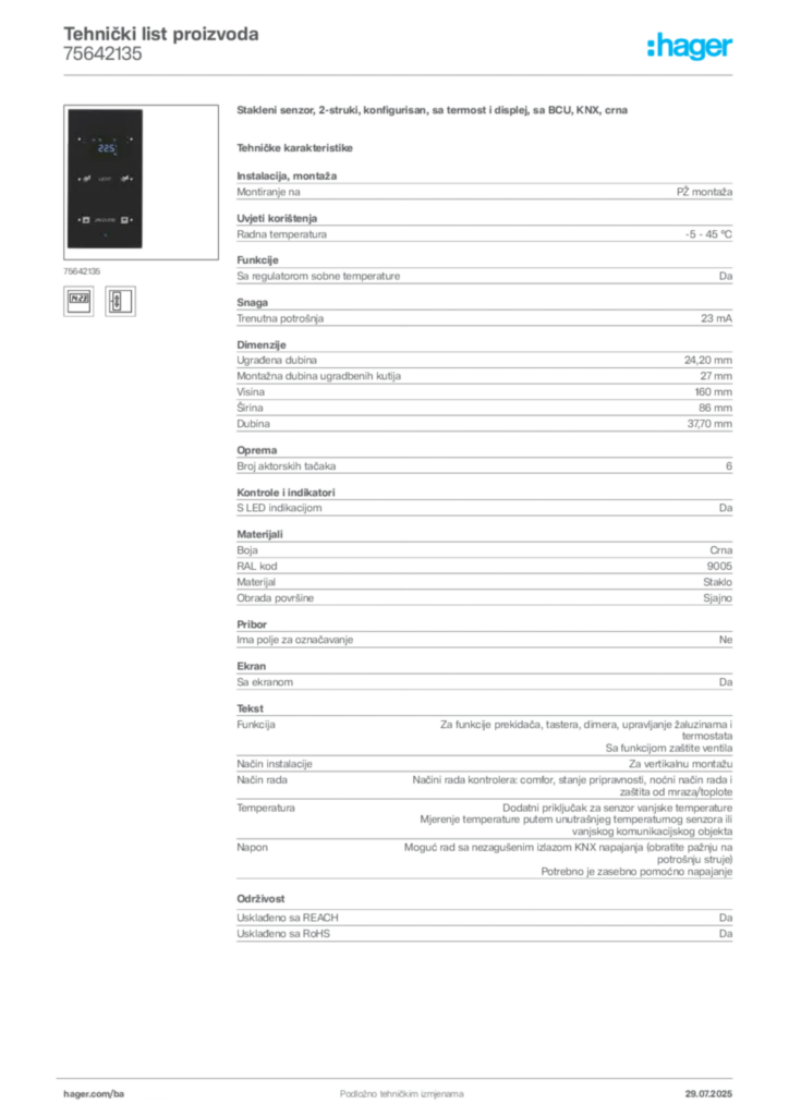 Slika Hager Product data sheet 75642135  | Hager