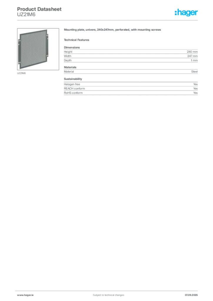 Image Hager Product data sheet UZ21M6  | Hager