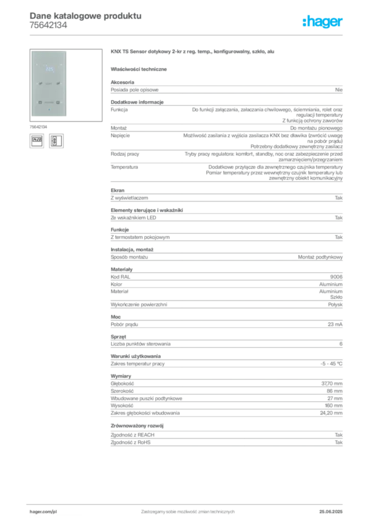 Zdjęcie Hager Karta katalogowa 75642134 | Hager Polska