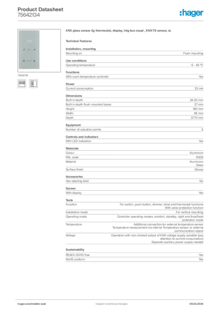 Image Hager Product data sheet 75642134  | Hager