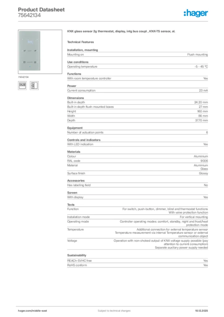 Image Hager Product data sheet 75642134  | Hager