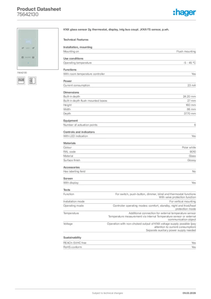 Image Hager Product data sheet 75642130  | Hager Africa